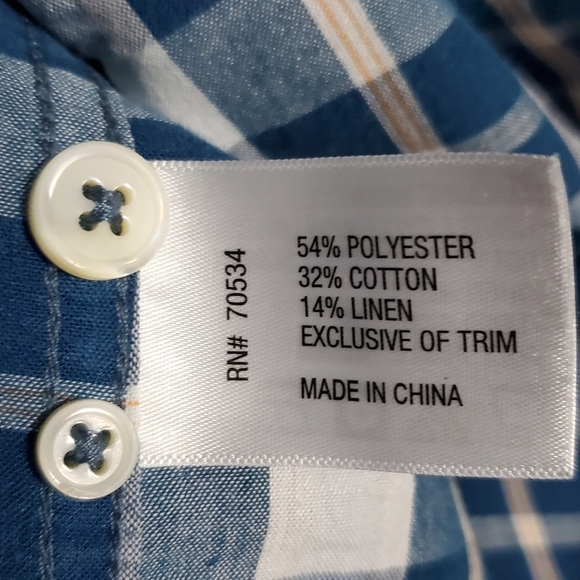 Orvis Plaid Button Down Short Sleeve Shirt Teal Blue White Linen Blend Size XL - Picture 6 of 6